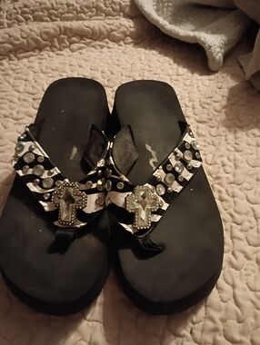 Montana West Black Rhinestone Cross Flip Flop Sandals